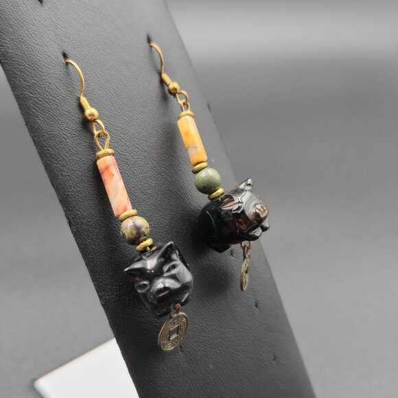 Copper Various Stones Year Of The Pig Dangle Earrings A6092 - Picture 2 of 5